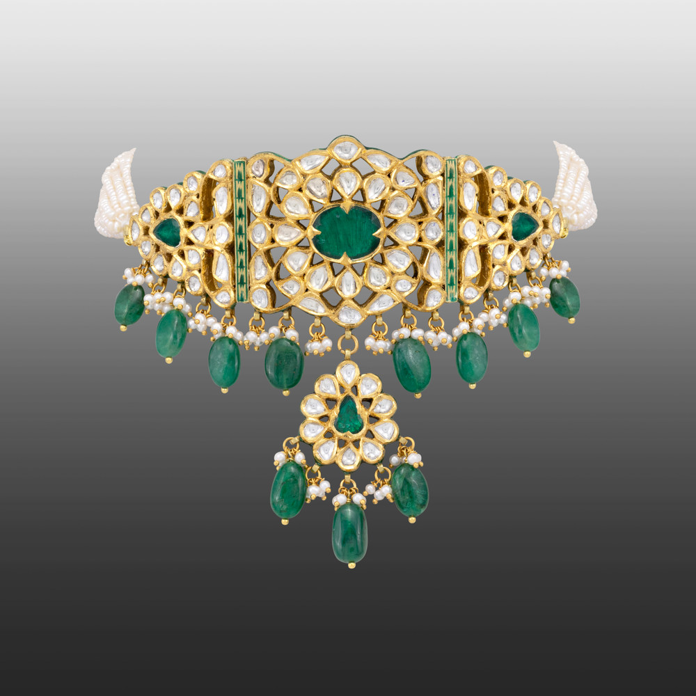 Zambian Emerald Mughal-Inspired Choker with Pearl Strands